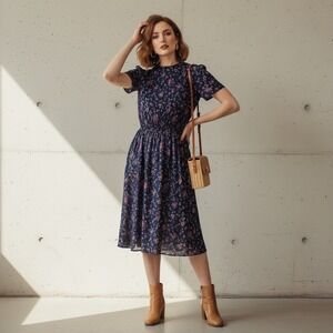 Vintage 80's Ditsy Floral Pleated Midi Dress Short Puff Sleeve Elastic Waist